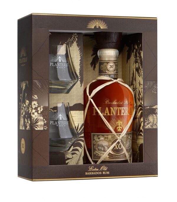 Coffret de rhum XO avec deux verres.