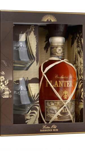 Coffret de rhum XO avec deux verres.