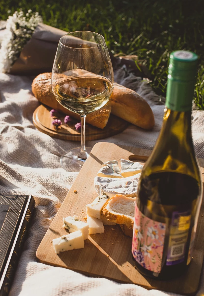 Accord mets-vins : pique-nique avec vin blanc, pain et fromage